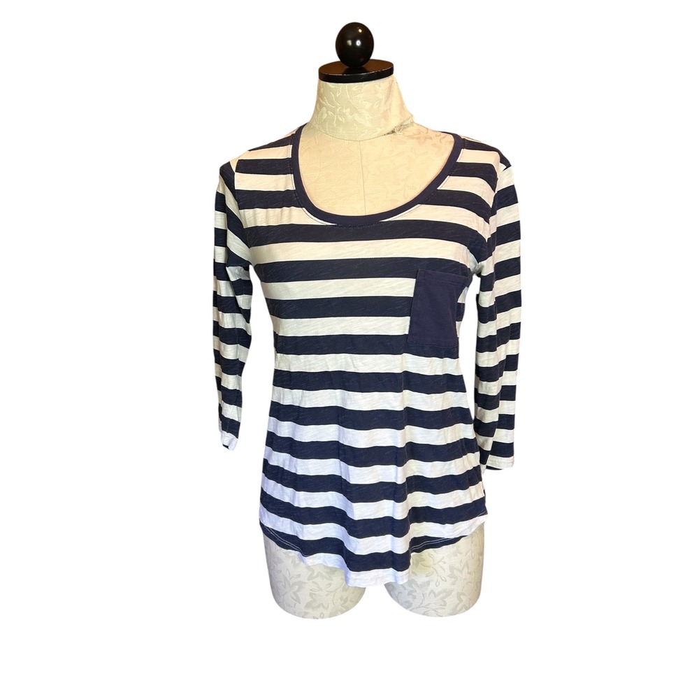 Garnet Hill‎ Womens Navy Blue White Striped Cotton Slub Pocket Tee Top S PETITE